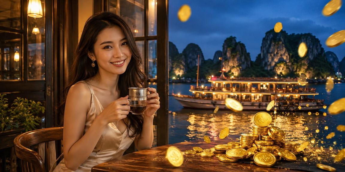 Người dùng ngồi uống cà phê gần Vịnh Hạ Long và xem thông tin đăng ký nhận thưởng